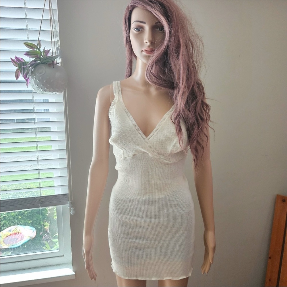 Vintage cream wool blend long line tank top lace camisole slip dress